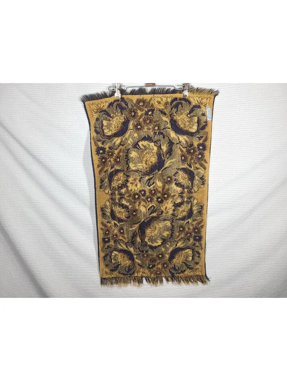 Vtg 70s Fieldcrest Poppies Bath Towel Black Gold 100% Cotton Bathmat Retro Rare